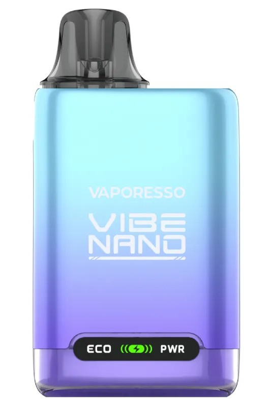 Vaporesso Vibe Nano device with gradient blue and purple design on a white background