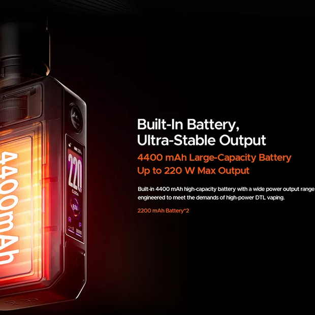 VooPoo Drag 6 vaping device with 4400mAh battery capacity and power output details on a dark background