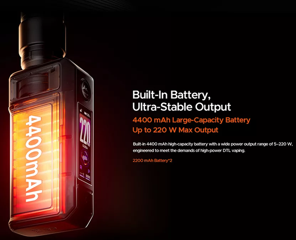 VooPoo Drag 6 vaping device with 4400mAh battery capacity and power output details on a dark background
