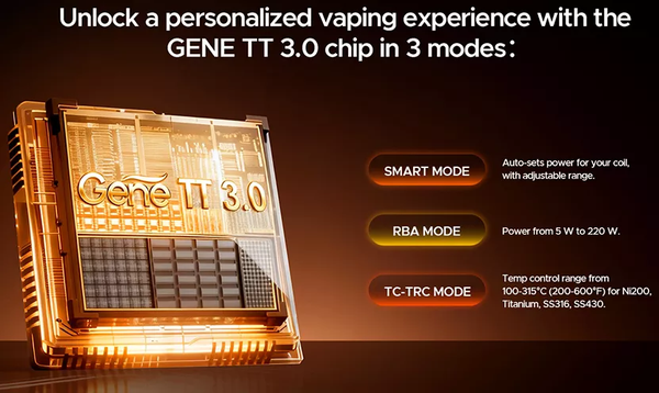 GENE TT 3.0 vaping chip with features highlighted on a dark background