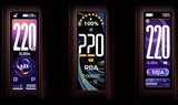Three electronic devices displaying power output readings on a dark background