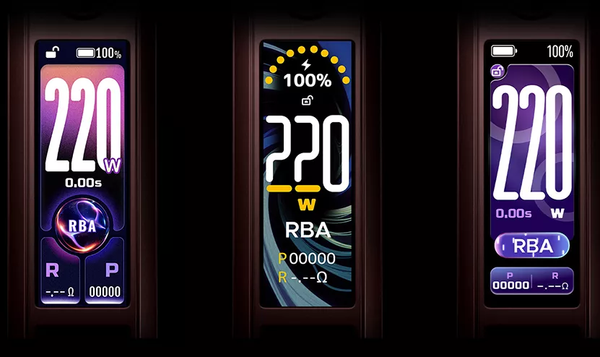 Three electronic devices displaying power output readings on a dark background