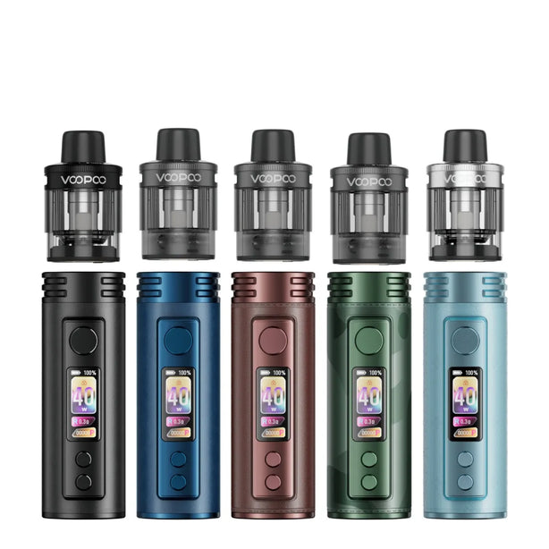 Five VOOPOO H40 PRO vape devices arranged in two rows against a white background, showing different color options: black, blue, rose gold, green, and light blue. Each device features a digital display screen and textured grip details.