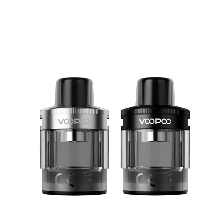 Two VooPoo PNP X Tanks 5ml, one black and one silver, on a white background.