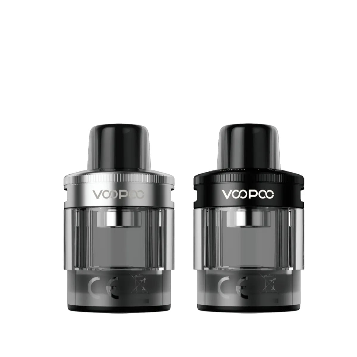 Two VooPoo PNP X Tanks 5ml, one black and one silver, on a white background.