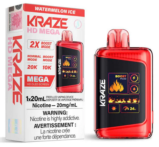 Kraze HD Mega disposable vape Watermelon Ice flavor on a white background.