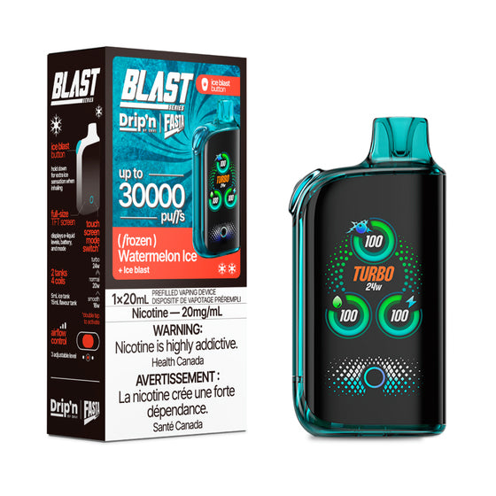 Fasta Blast vaping device with digital display and packaging labeled 'Blast' on a white background
