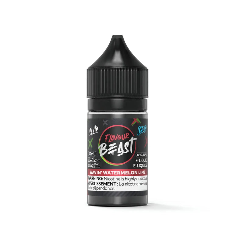 A 30ml bottle of Flavour Beast 'Brainy Watermelon Lemon' e-liquid, featuring a black plastic cap and a black label with colorful graphics, set against a plain white background.