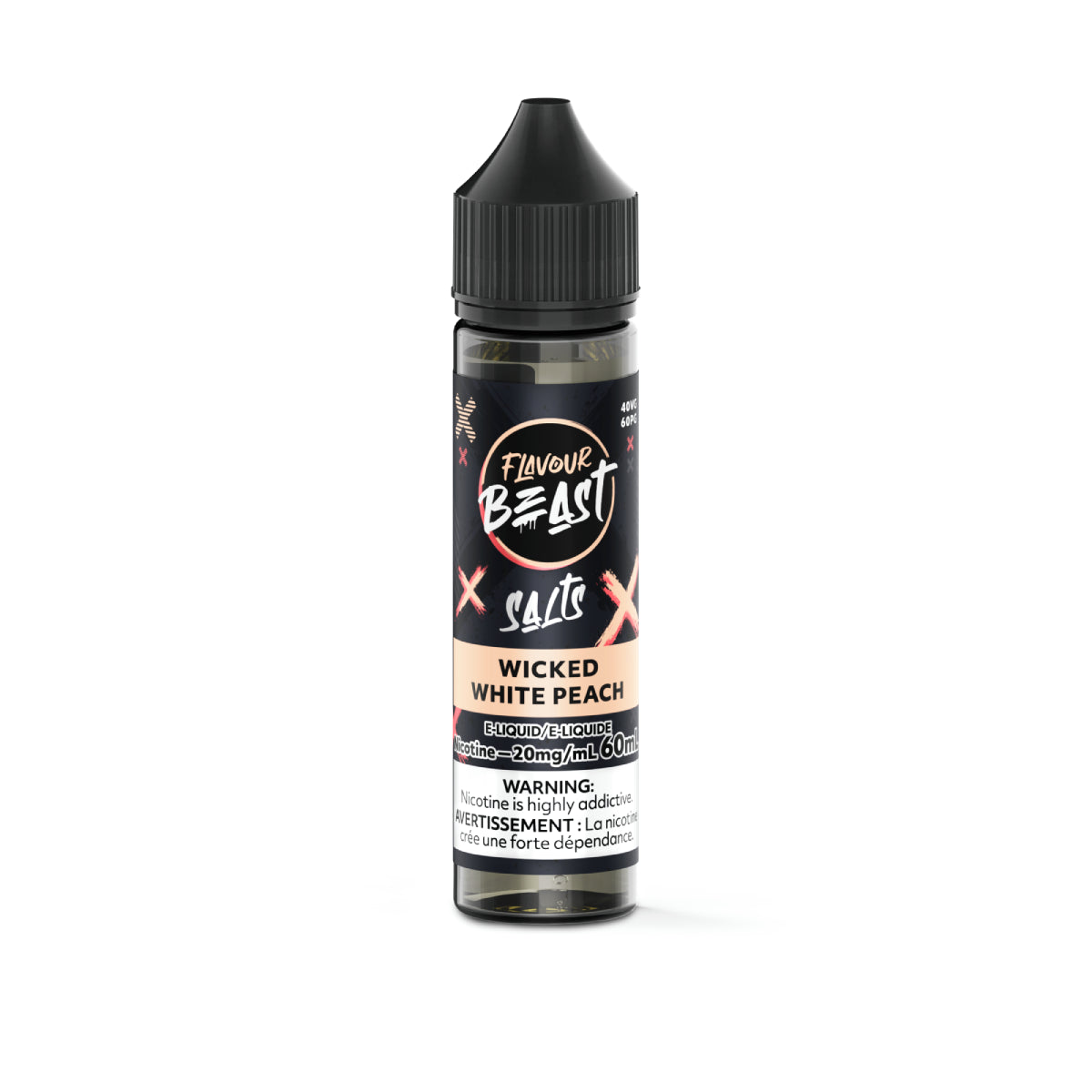 Wicked White Peach labelled on an e-juice bottle on a white background