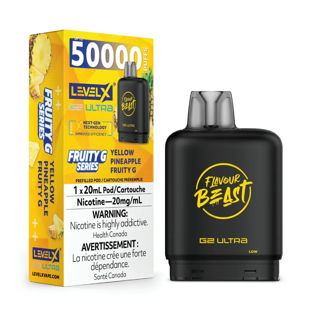 A LevelX G2 Ultra prefilled vape pod box in yellow and white next to a black G2 Ultra Pod device with a yellow 'Flavour Beast' logo, on a white background.
