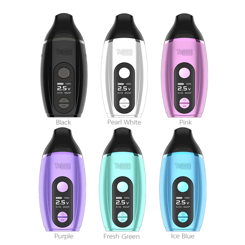 Six Yocan Iris Wax kits arranged in a 2x3 grid on a white background, each shown in a different color: Black, Pearl White, Pink, Purple, Fresh Green, and Ice Blue. Each device features a digital display screen and is labeled with its color name underneath.