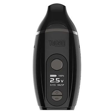 A black Yocan Iris Wax Kit shown against a plain white background. The front features a glossy black finish, a circular button, a small digital display showing 2.5 volts.