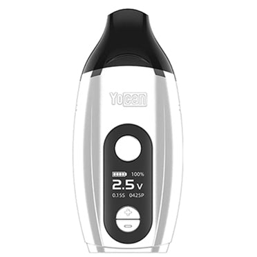 A white Yocan Iris Wax Kit shown against a plain white background. The front features a glossy black finish, a circular button, a small digital display showing 2.5 volts.