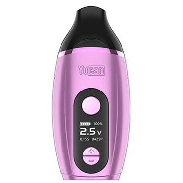 A pink Yocan Iris Wax Kit shown against a plain white background. The front features a glossy black finish, a circular button, a small digital display showing 2.5 volts.