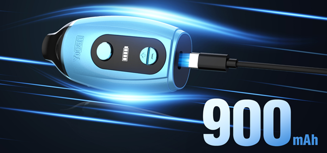 A light blue and black portable Yoan Iris wax kit device with a USB-C charging port, shown plugged in with a black cable against a dark blue background with glowing blue light streaks. Large text on the right reads '900 mAh'.