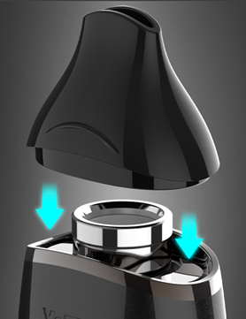 Close-up of a black Yocan Iris Wax Kit device with a matching black mouthpiece cap shown above it, with cyan arrows indicating a downward insertion action. The device has a glossy black and silver finish against a dark gray gradient background.