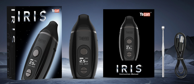 YoCan IRIS vape device shown with its retail box, instruction manual, a cleaning tool, and a USB charging cable on a dark illustrated background.
