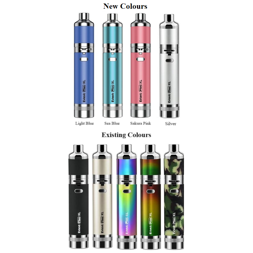 Yocan Evolve Plus XL wax kit devices displayed on a white background with color names below each device.