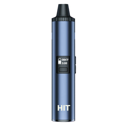 A blue Yocan Hit Dry Herb device with a small digital display showing temperature and time, set against a plain white background.
