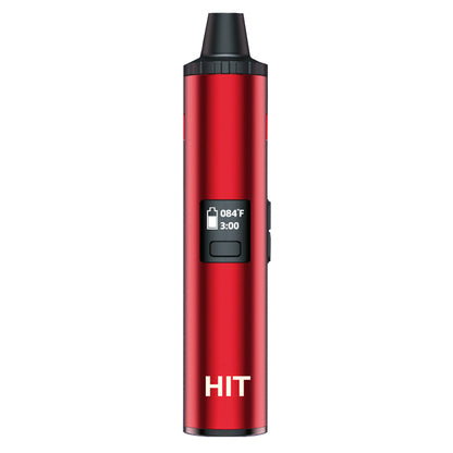 A red Yocan Hit Dry Herb device with a small digital display showing temperature and time, set against a plain white background.