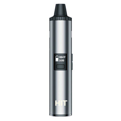A silver Yocan Hit Dry Herb device with a small digital display showing temperature and time, set against a plain white background.