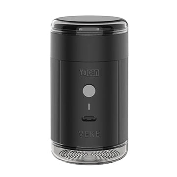 A black Yocan Yeke Electric Grinder with a clear top and bottom, featuring the Yocan and VEKE logos on the front, set against a plain white background.