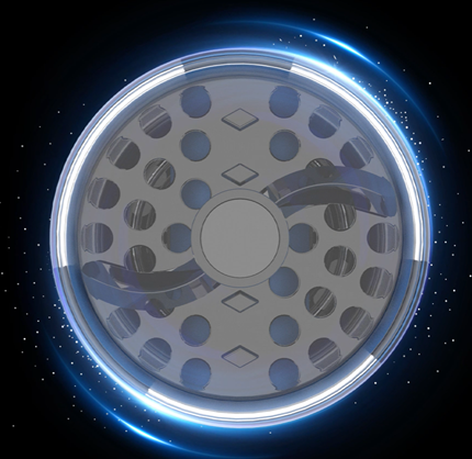 A circular metallic plate or filter element with circular cutouts and two curved gray strips, surrounded by a glowing blue ring on a dark starry background.