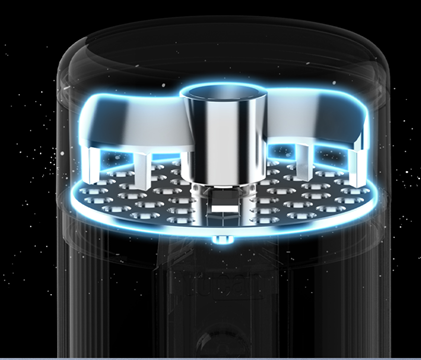 A close-up of a Yocan Yeke Electric Grinder with a metallic central component and glowing blue light around a circular base, shown against a black background with subtle speckled highlights.