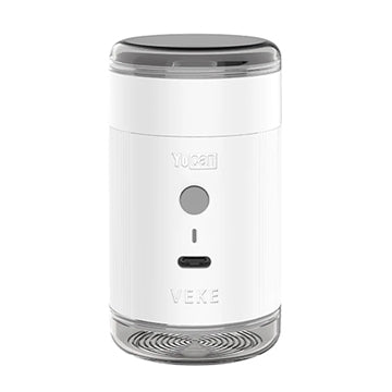 A ivory Yocan Yeke Electric Grinder with a clear top and bottom, featuring the Yocan and VEKE logos on the front, set against a plain white background.