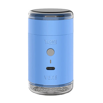 A sky blue Yocan Yeke Electric Grinder with a clear top and bottom, featuring the Yocan and VEKE logos on the front, set against a plain white background.