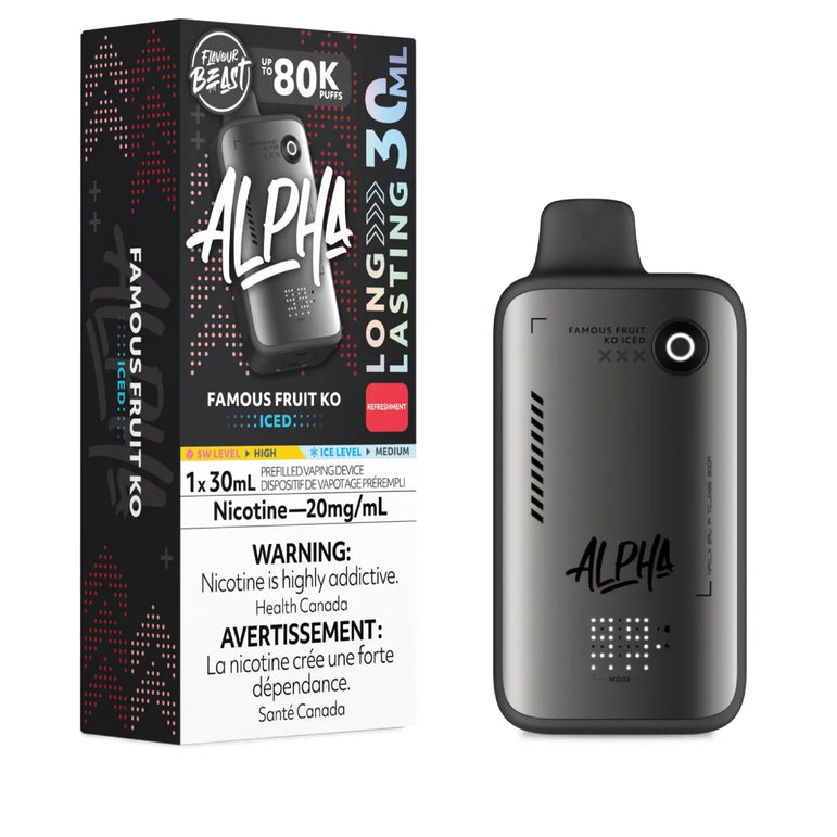 Alpha Famous Fruit KO vape device with packaging on a white background