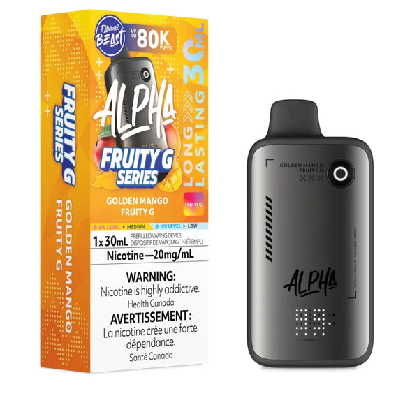 Alpha Golden Mango Fruity G vape device with packaging on a white background