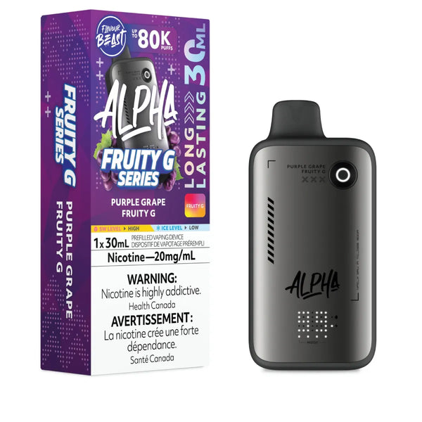 Alpha Purple Grape Fruity G vape device and packaging on a white background