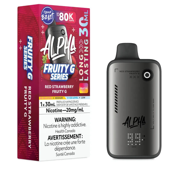 Alpha Red Strawberry Fruity G vape device with red strawberry flavor packaging on a white background