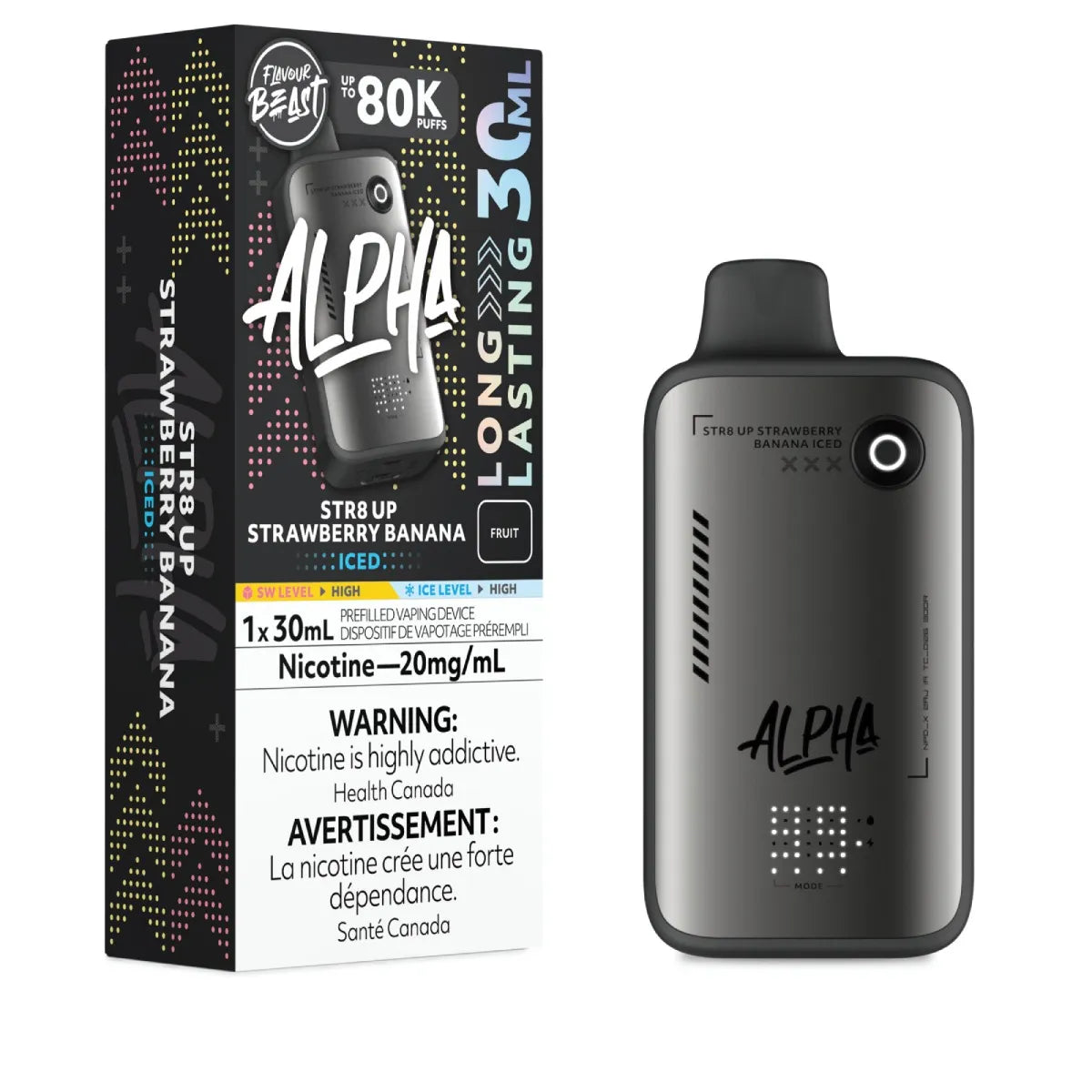 Alpha STR8 Up Strawberry Banana vape device with packaging on a white background