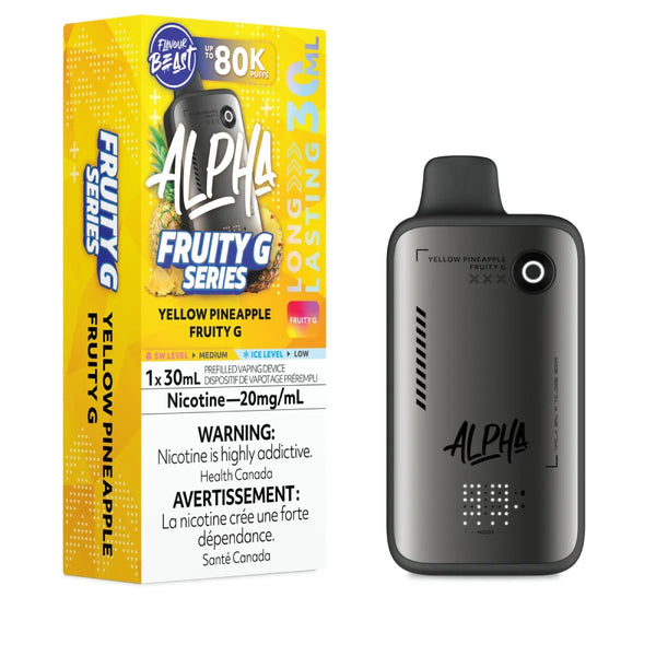 Alpha Yellow Pineapple Fruity G vape device and packaging on a white background