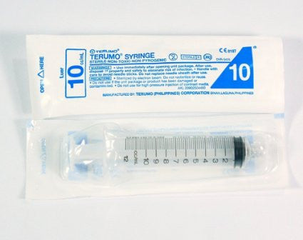 10cc Terumo Syringe with packaging displayed on a white background.