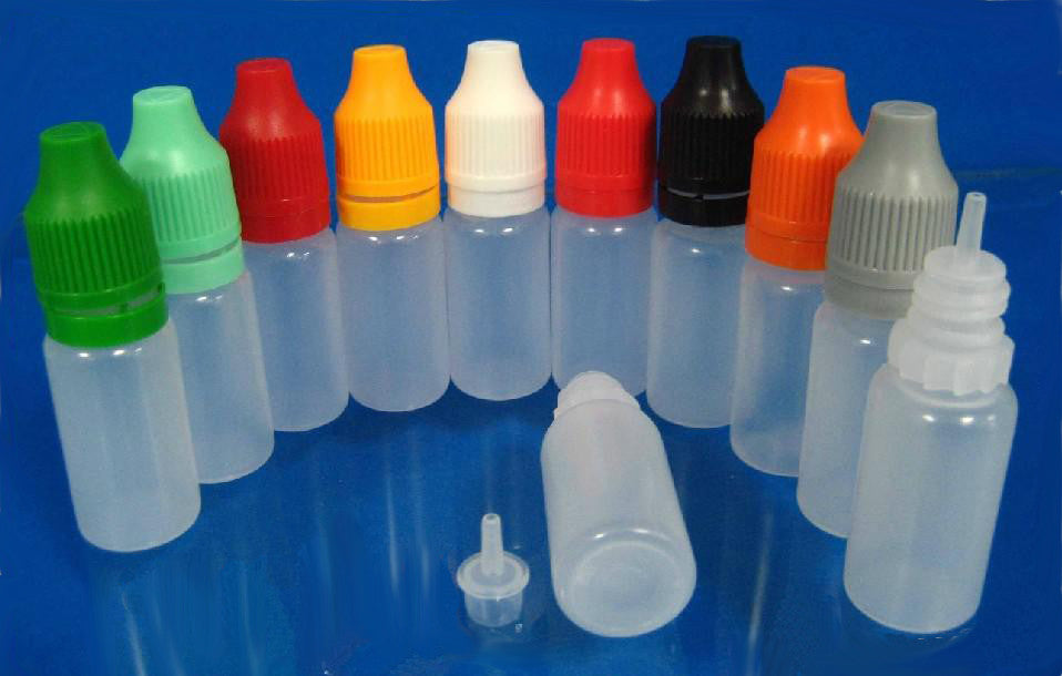10ml and 30ml LDPE security bottles displayed in an oval shape on a royal blue background showing available color caps.