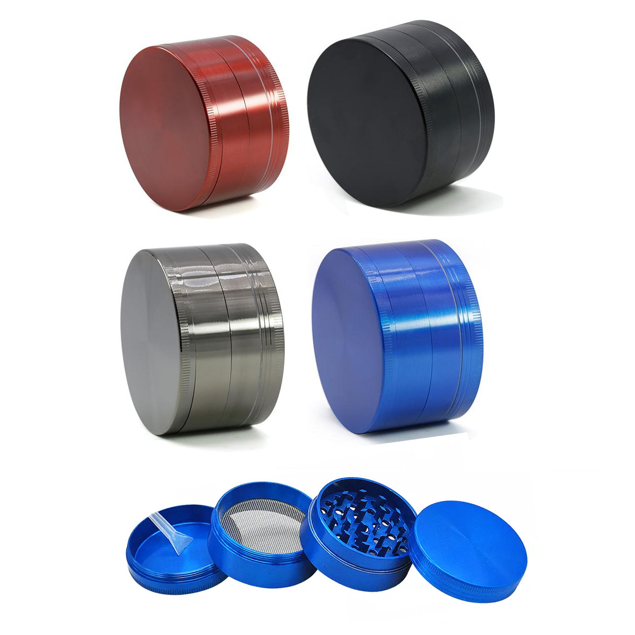 Aluminum Grinder 52mm x 34mm. Four colors of available options on a white background.