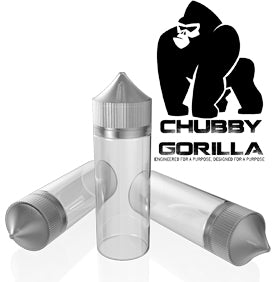 Three transparent Chubby Gorilla 120ml ejuice bottles with silver caps, arranged diagonally, with the Chubby Gorilla logo above.