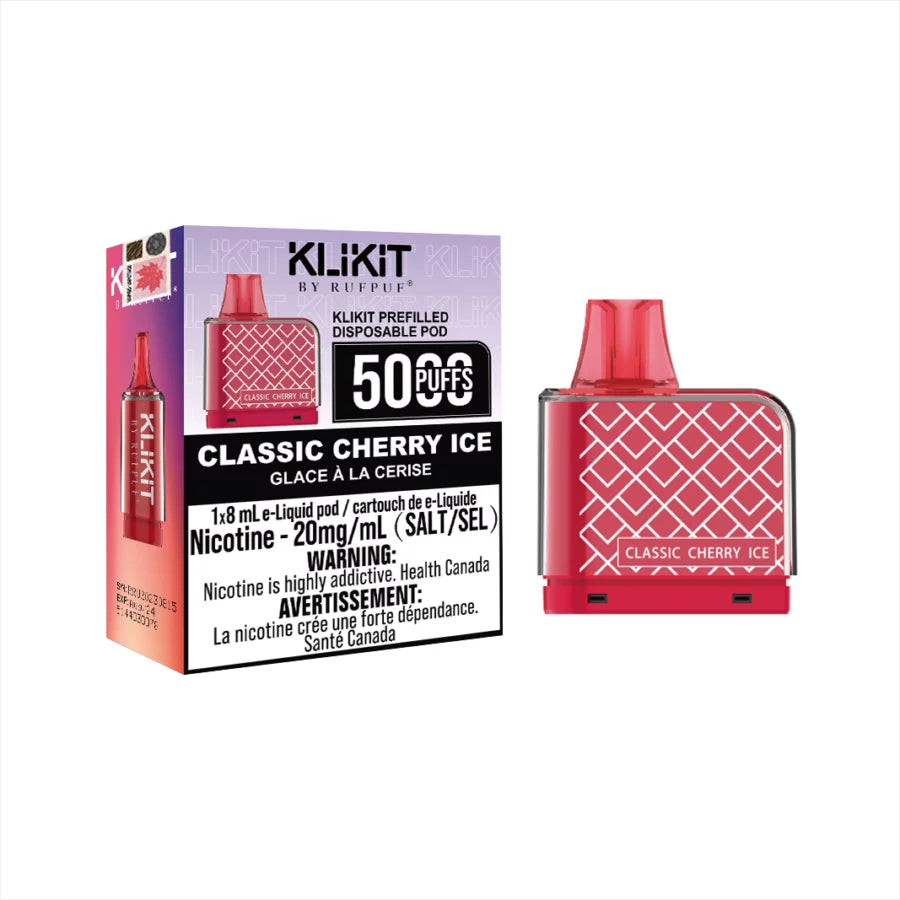 Klikit Cherry Ice flavor replacement pod on white background with packaging.