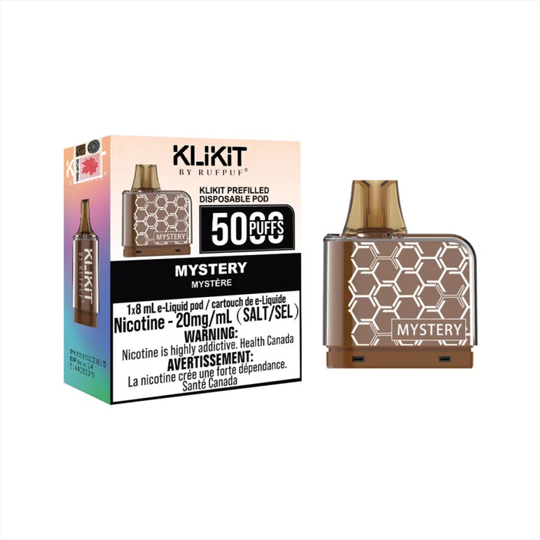 Klikit Mystery flavor replacement pod on white background with packaging.