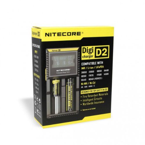 Nitecore D2 Charger with packaging displayed on a white background.