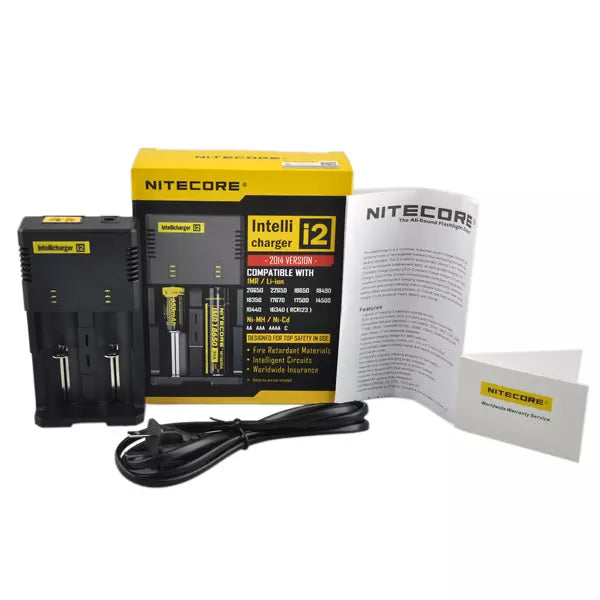 NiteCore I2 Charger with packaging displayed on a white background.