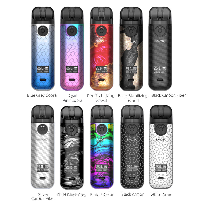10 Smok Novo 4 vape pod kits showing available colors on a white background.