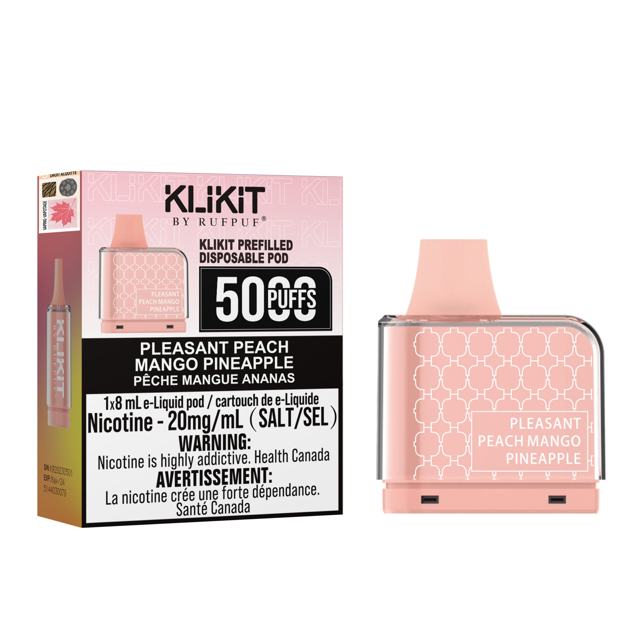 KlikitPleasant Peach Mango Pineapple flavor replacement pod on white background with packaging.