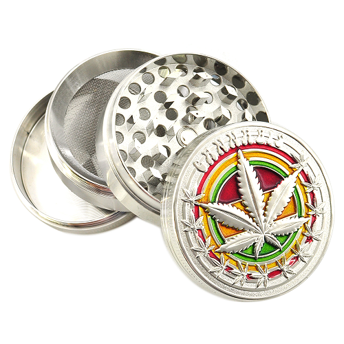 Rasta Leaf dry herb grinder with 4 pieces displayed on a white background.