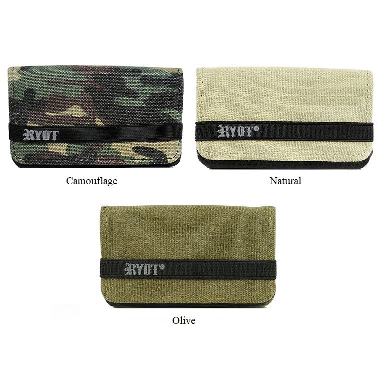 Three Ryot Large Roller Wallets in camouflage, natural, and olive colors, each featuring the Ryot logo on the side.