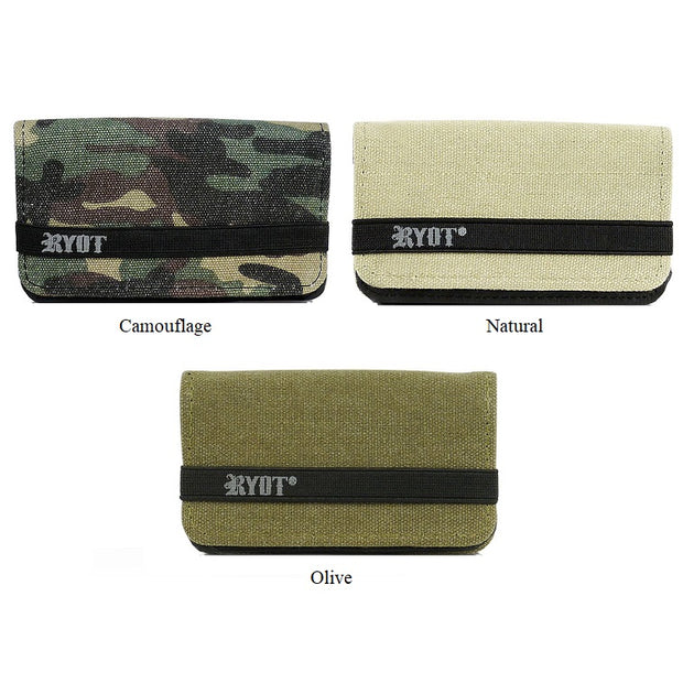 Three Ryot Large Roller Wallets in camouflage, natural, and olive colors, each featuring the Ryot logo on the side.