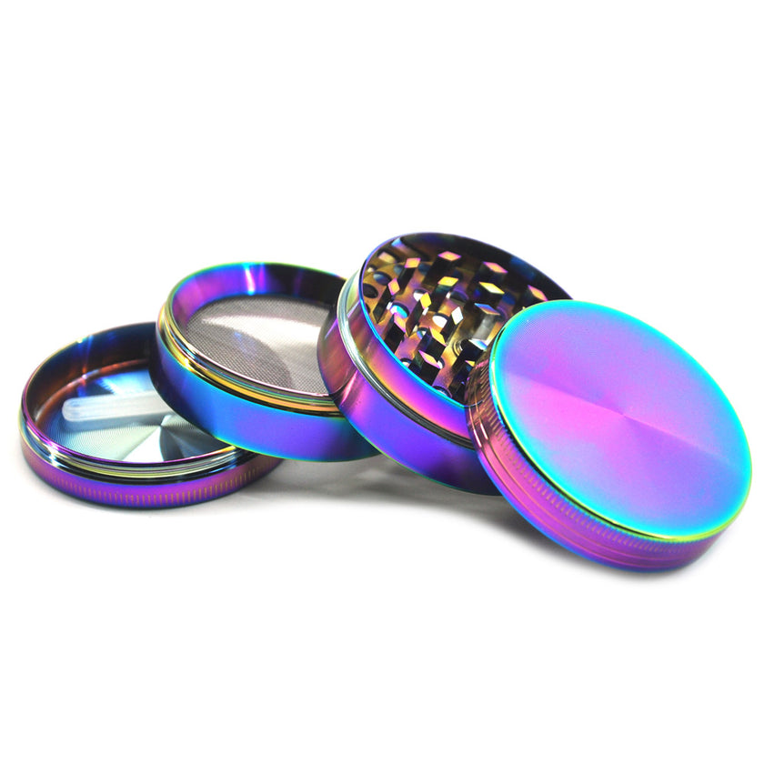 SS Grinder Rainbow 63mm dry herb grinder on a white background.